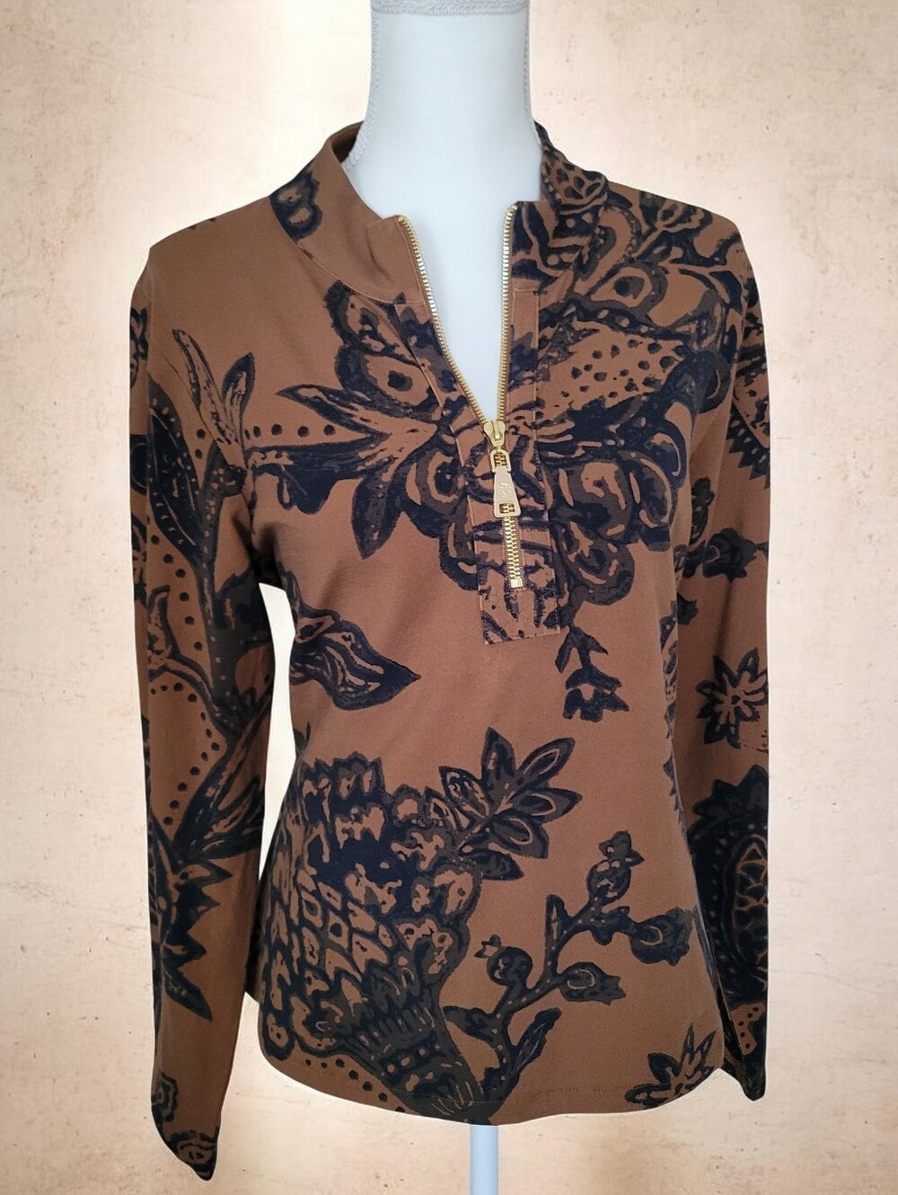 Spartina 449 Nora Women’s Brown Floral Zip-Neck Long Sleeve Top